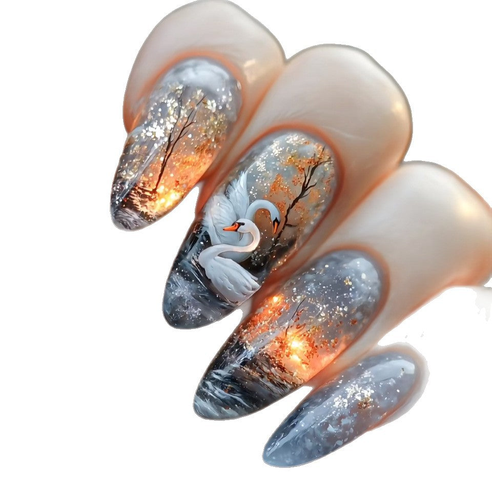 WM-43 Swan Lake Dance Fake Nails Almond Wear Armor