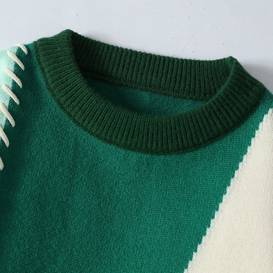 Vintage Sweater Men's Color Contrast Patchwork Round Neck Loose Knitted Sweater