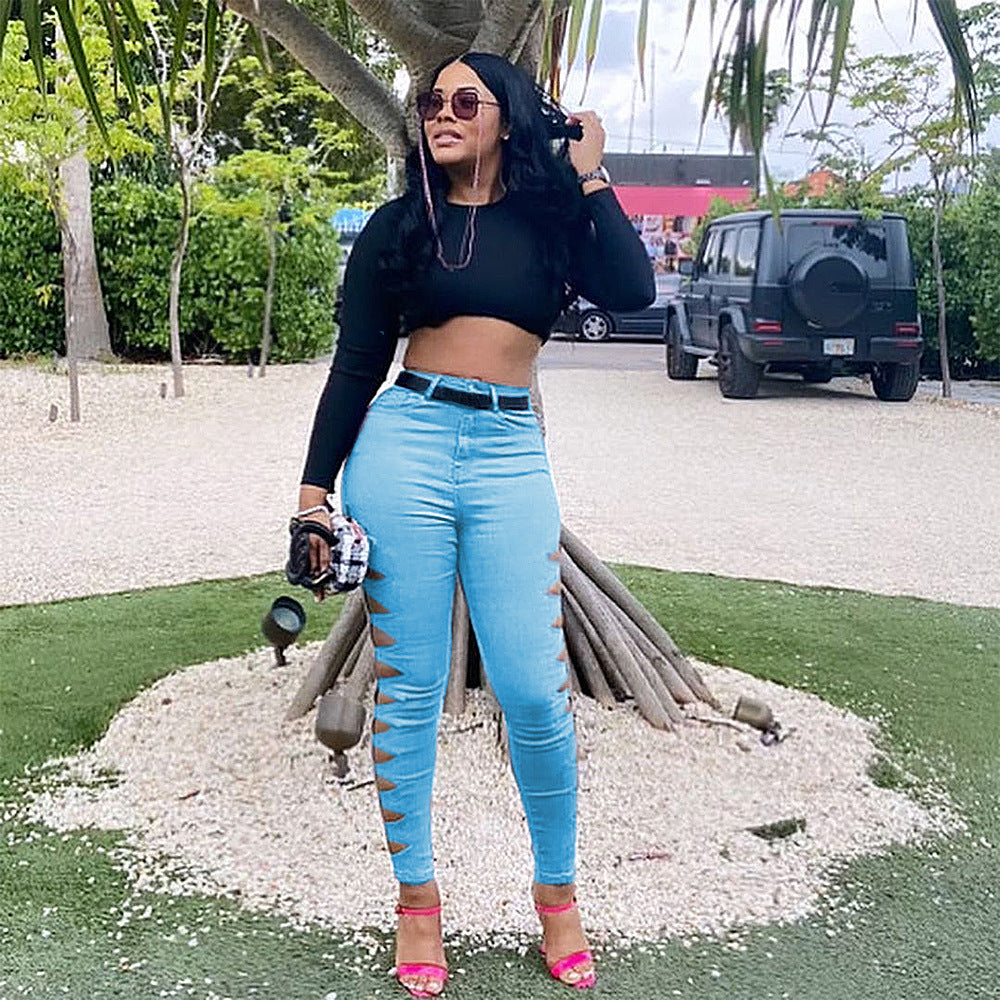 Fashion Casual Solid Color Ripped Jeans