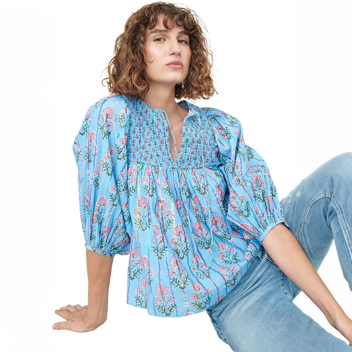 New Casual Womens Floral Chiffon Blouse With Puff Sleeves