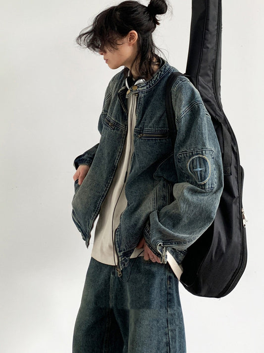 Jakkejakke til mænd i japansk retro-broderet vasket denim