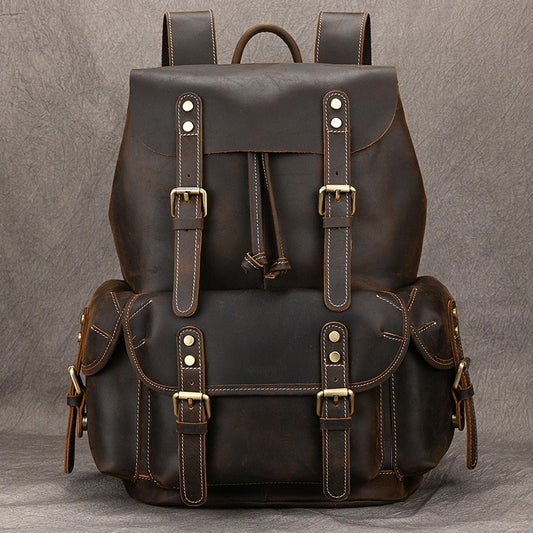Large Capacity Crazy Horse Leather Backpack Travel Outdoor Flip