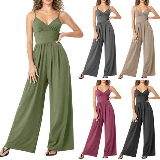 Solid Color Straight Strap Casual Jumpsuit