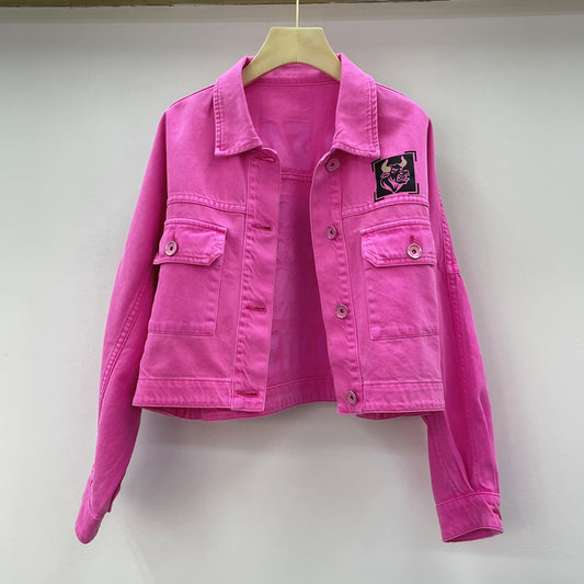 Printed Rose Red Denim Short Jacket Women Spring And Autumn