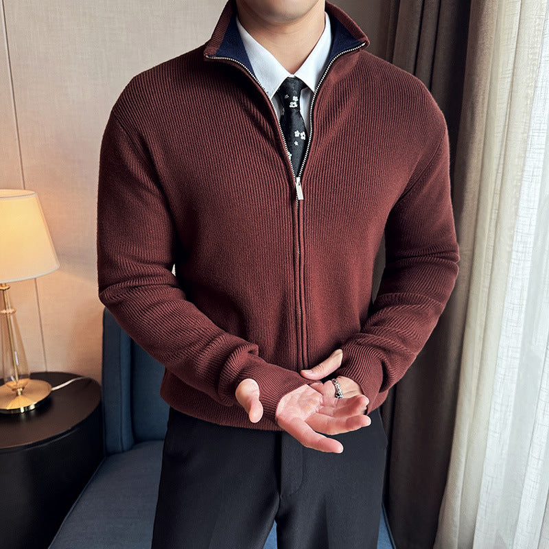 Autumn And Winter Thickening Men's Zipped Stand Collar Sweater Coat