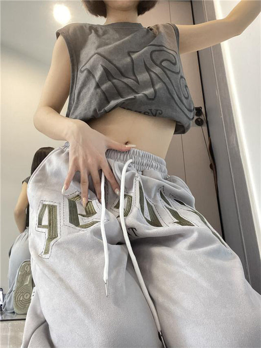 Casual And Comfortable Suede Embroidered Sweatpants Gray