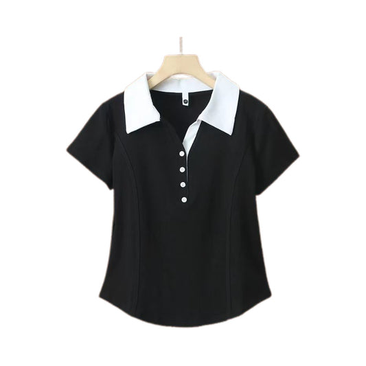 Womens Fashionable Slim-Fit Patchwork Button T-Shirt