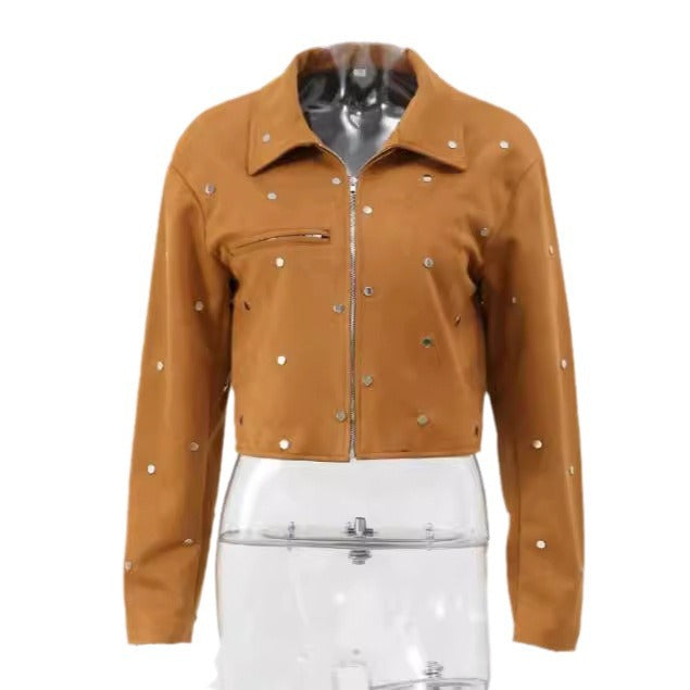 Vintage Brown Lapel Studded Suede Jacket Coat