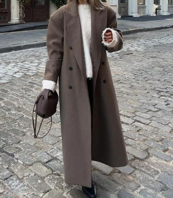 Long Wool Coat With A Business Suit-style Collar For Commuting