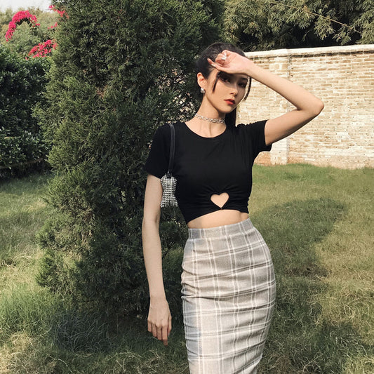 Crew Neck Skinny Short Sleeves Heart Ring Gathering