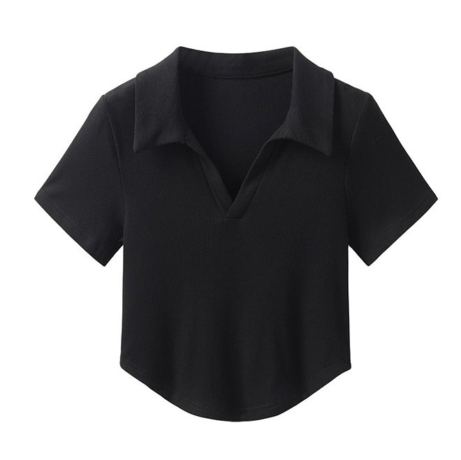 Solid-color Simple Lapel-neck Short-sleeve Top For Women