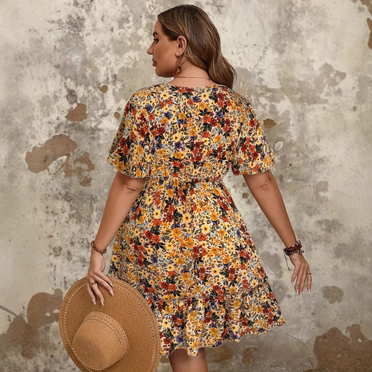 Womens Buttoned Printed Plus-Size Bohemian Summer Dress