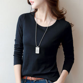 Round Neck Solid Color Long Sleeve Women's T-Shirt