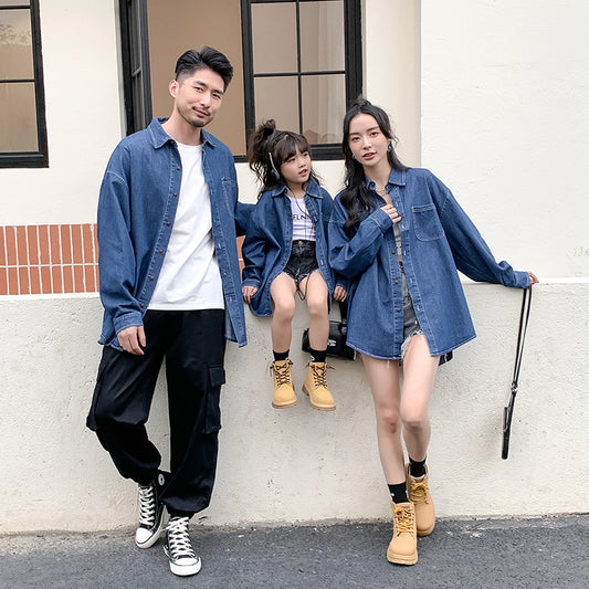Korean-style Chic Vintage Denim Parent-child Shirt Set