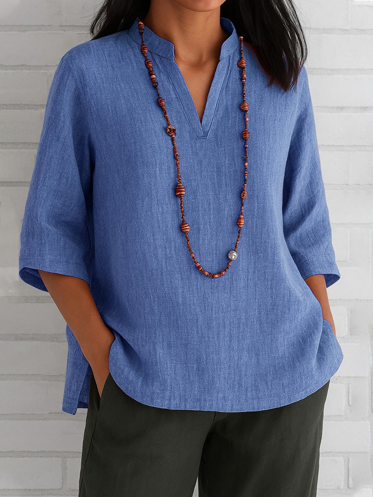 Summer Women's Clothing V-neck 34 Sleeves Cotton And Linen Loose Casual Shirt