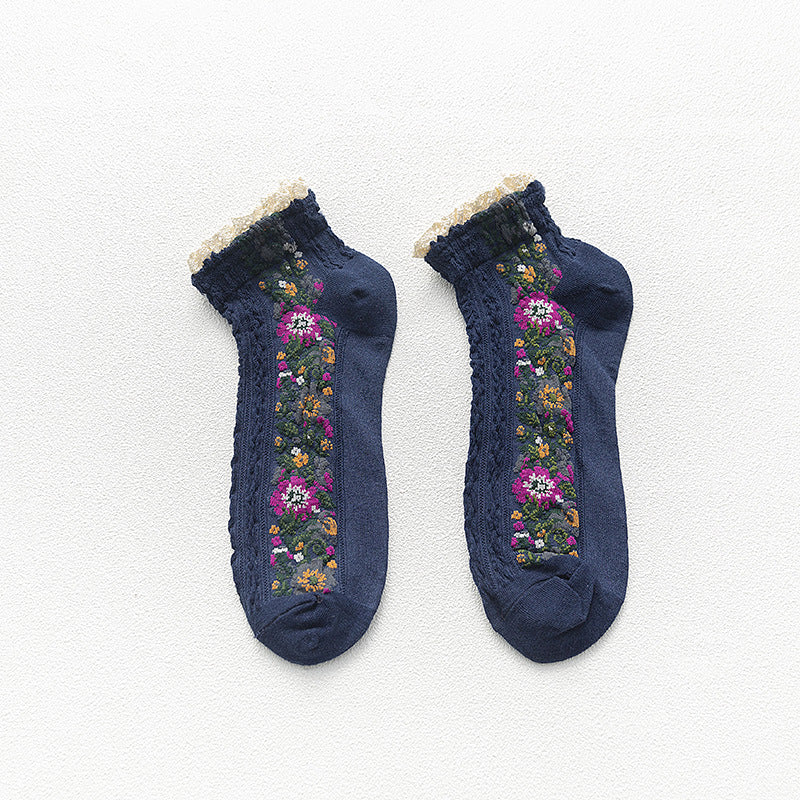 Women's New Lace Cotton Retro Small Floral Boat Socks