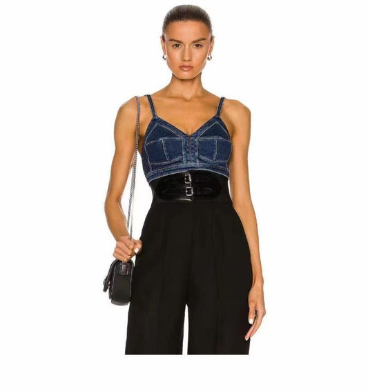Fashion Sexy Washing Short Wrap Chest Strap Denim Vest Women