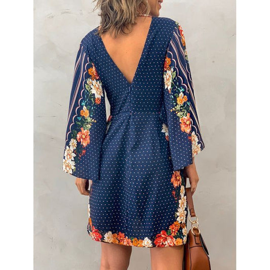 Womens V-neck Backless Long-sleeve Dress