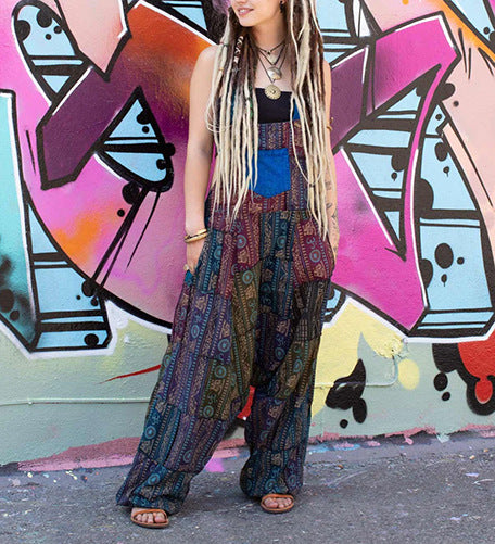 Hippie Stitching Printing Loose-fitting Overalls