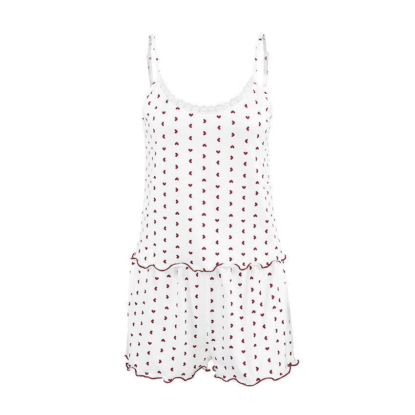Strap-style Heart-print Shorts Pajama Set Two Pieces