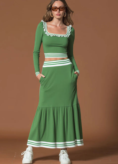 Sporty Retro Striped Square Neck Ruffled Green Cotton T Shirt And Skirt Set