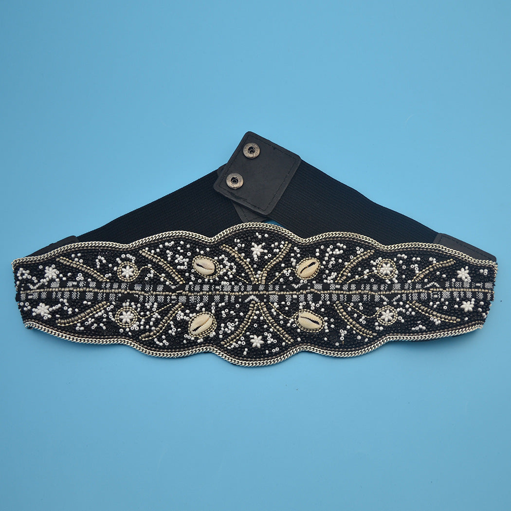 Ethnic Style Retro Waist Belt Turquoise Rice Bead Flower Belt