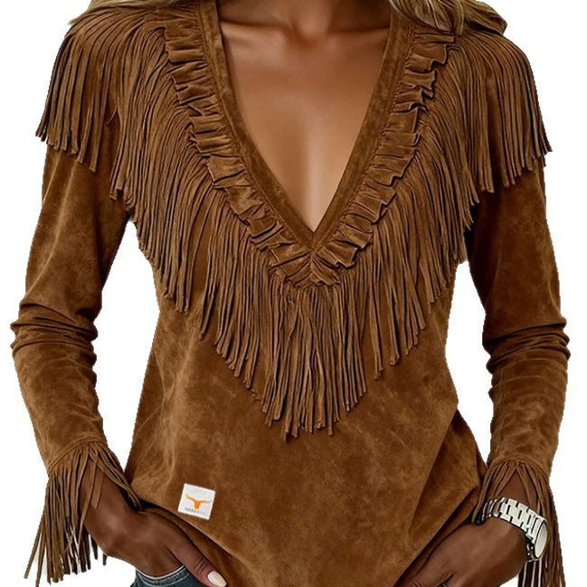 Tasseled Suede V-Neck Fashionable Slim-Fit Womens Blouse