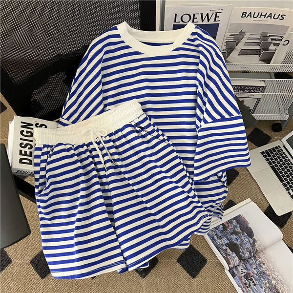 Plus-Size Preppy-Style Striped Casual Sportswear Set
