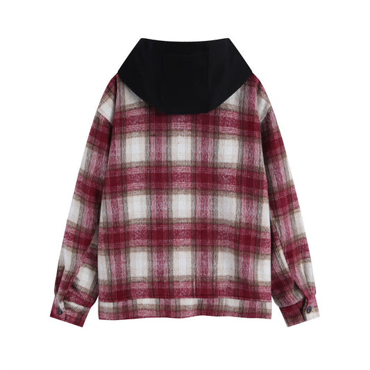 Men's Patchwork Color-contrast Check Hooded Zipper Jacket Casual Jacket