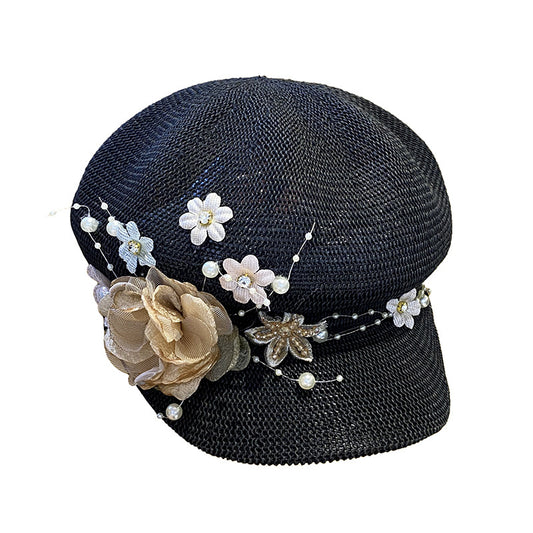 Women's Knitted Face Covering Breathable Pearl Flower Beret