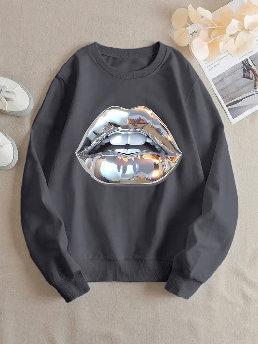 Dame sweatshirt med tegneserie-læberprint i sølv