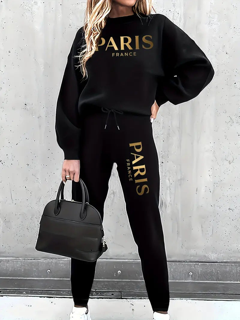 Letter Printing Long Sleeve Crew Neck Sweater Leisure Sports Fleece-lined Suit