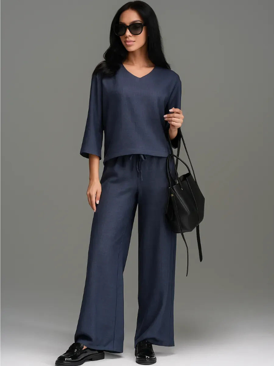 Womens Casual Two-Piece Set Fashionable Solid-Color Loose Cropped-Sleeve Wide-Leg Pants Suit