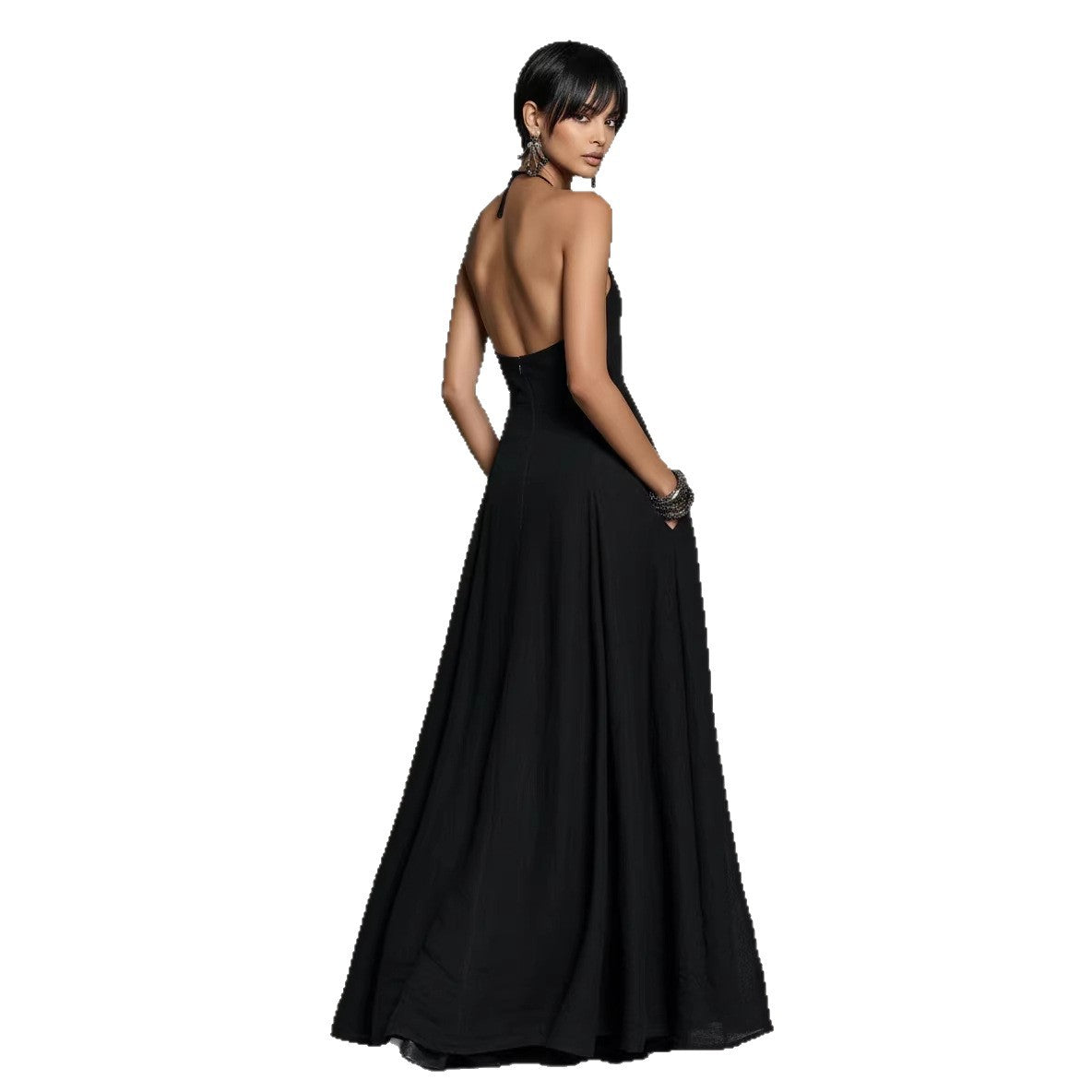 Casual Cotton-Linen Resort Halterneck Pocket Backless Dress