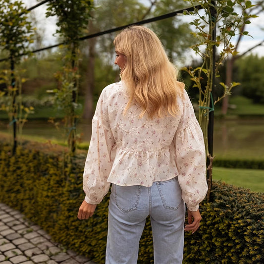 Embroidered Fabric Lantern Sleeves And A V-neck With Lace Detailinga Sophisticated Blouse