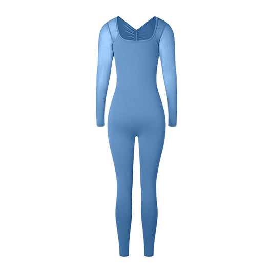 Back Pleated Hollow Sexy Mesh Long Sleeve Jumpsuit