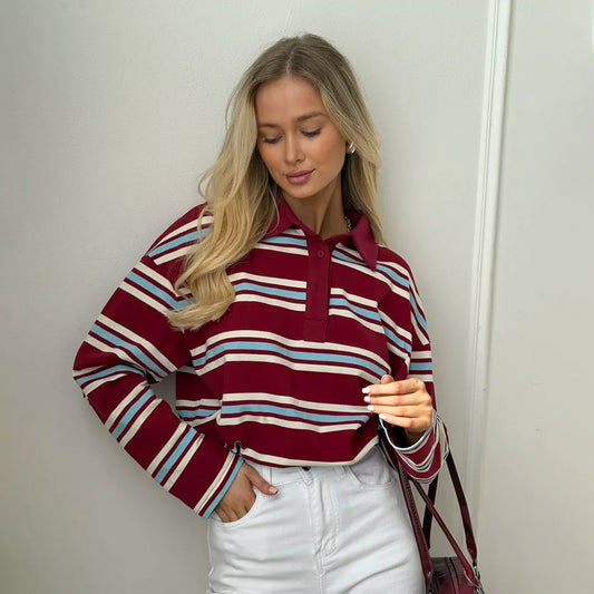 Løs Trendy Retro Langærmet Stribet T-shirt