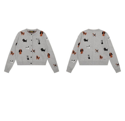 American Retro Gray Puppy Cardigan Sweater