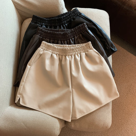 PU Læder Shorts Kvinder Højtaljede Løse Slidsede Casual Bukser