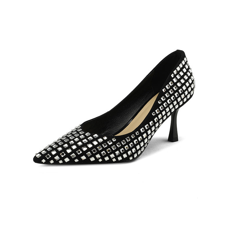 Black Rhinestone French Sheepskin Pointed Fine Heel Small High Heels