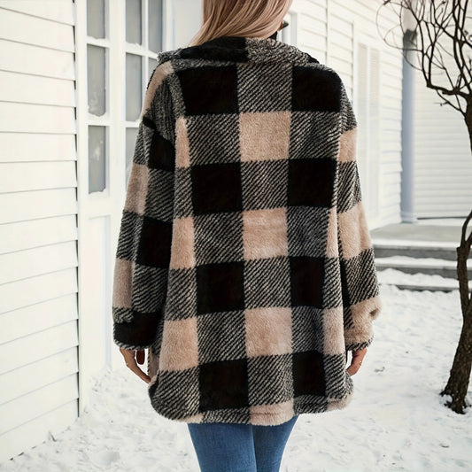 Womens Autumn Winter Long-Sleeve Plaid Fleece Coat With Dual Pockets In Plus Sizes