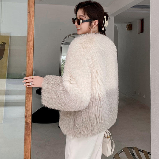Fashionable Women's Gradient Color Fur Warm Jacket