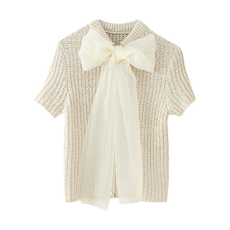 Solid Color Transparent Organza Bow Knitted Coat