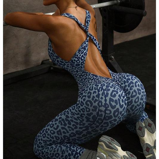 Sømløs cross-design leopardprintet hul one-piece bodysuit