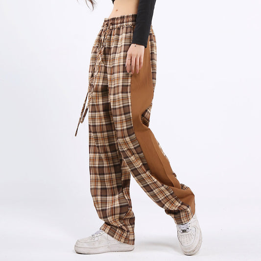 Contrast Elastic Waist Straight Panel Plaid Casual Pants