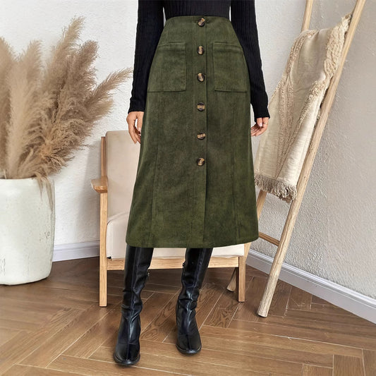 Leisure Commute Elastic Waist Breasted Patch Pocket Mock Fly Straight Mid-length Skirt