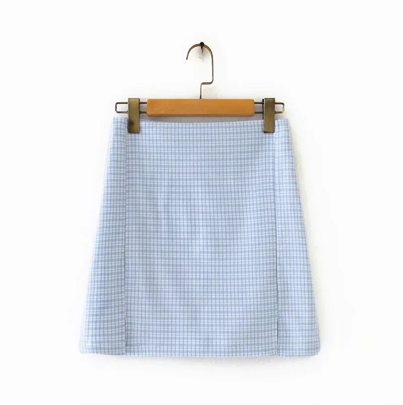 Contrast Color Small Plaid Split A- Line Skirt