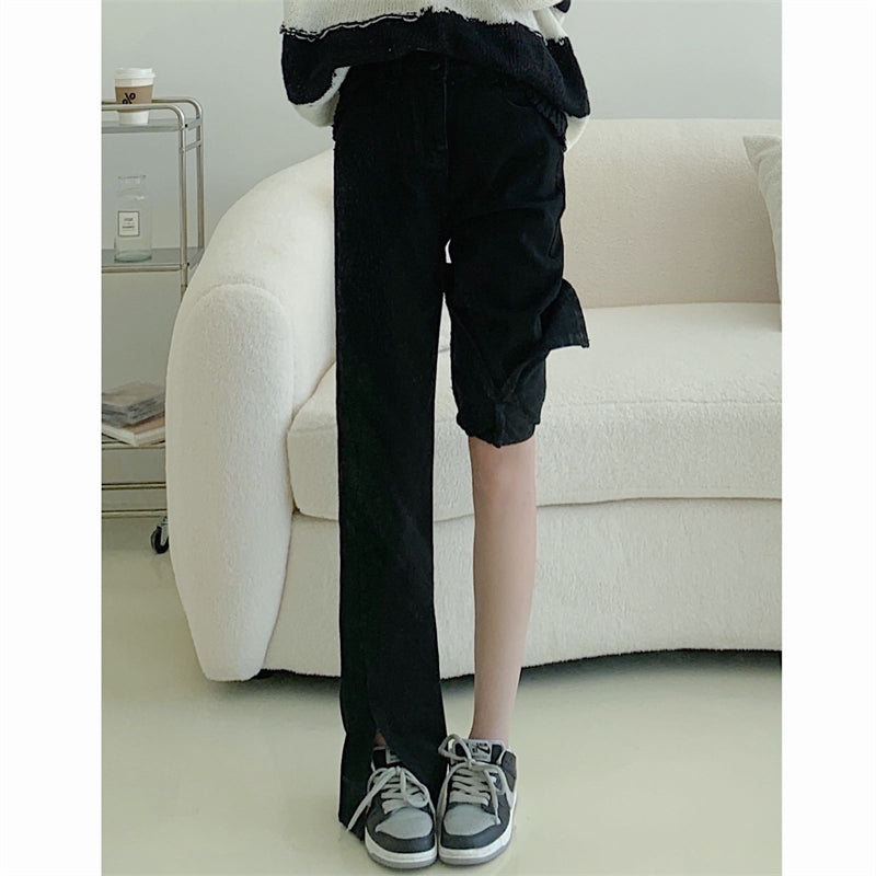 Split Black Jeans High Waist Micro Flared Small Straight Leg