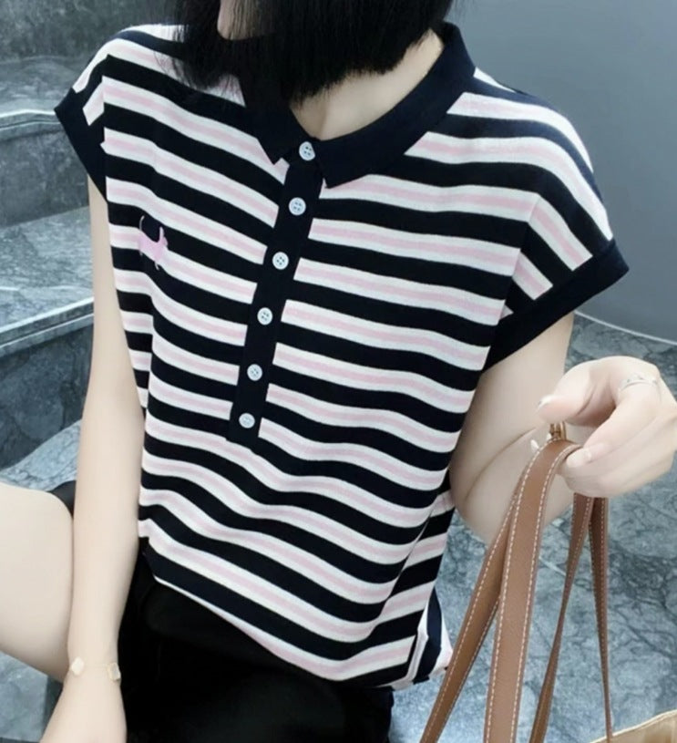Half-button Small Lapel Ice Silk Knitted Embroidered Striped Vest Top