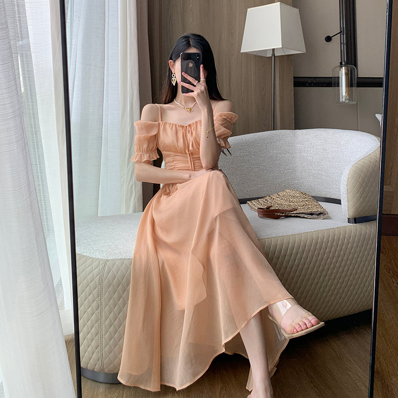 French Tea Break Waist Wrapped Soft Texture Long Dress